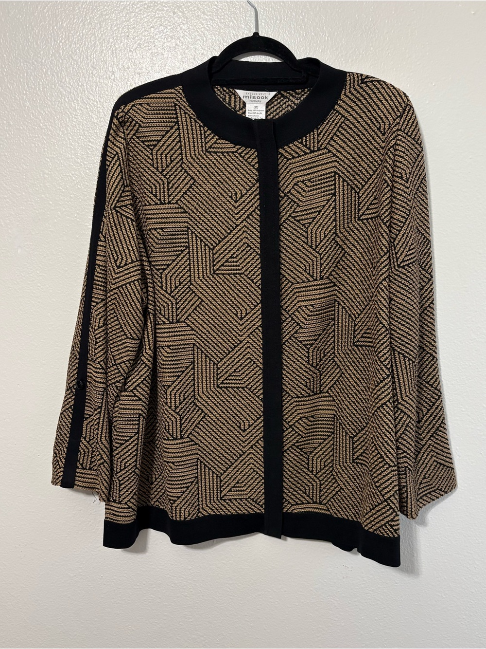 Exclusively Misook Size 3X Beige Black Knit Button Up Sweater Cardigan Artsy